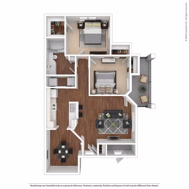 2 Bed 1 Bath 1054 SqFt (966 Net) 3431 floor plan